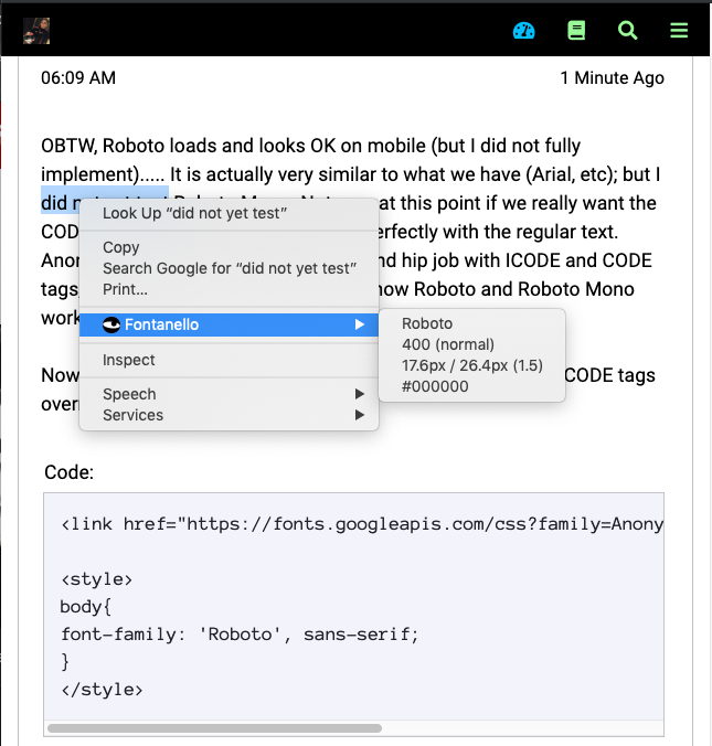 Roboto regular text with Anonymous Pro CODE tags on mobile (desktop view of mobile).