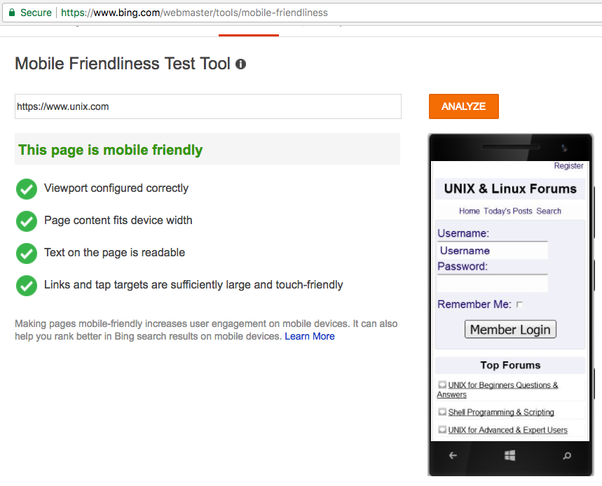 Bing Mobile Friendliness Test Tool