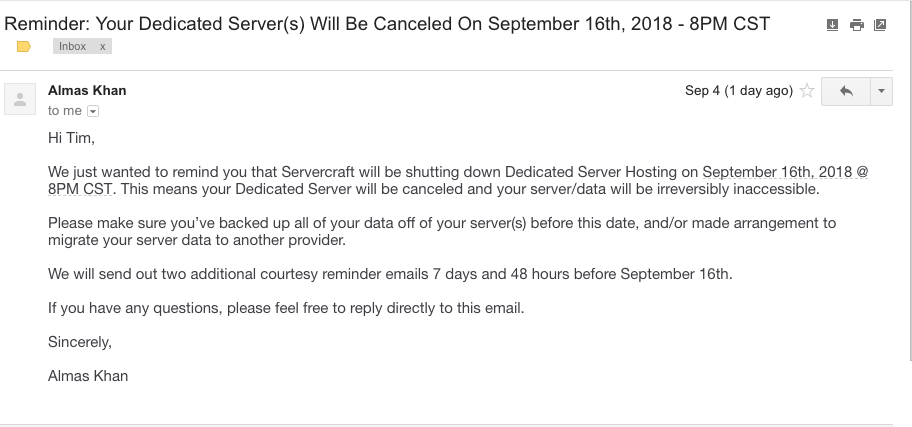 Your Dedicated Server(s) Will Be Canceled On September 16th, 2018 - 8PM CST